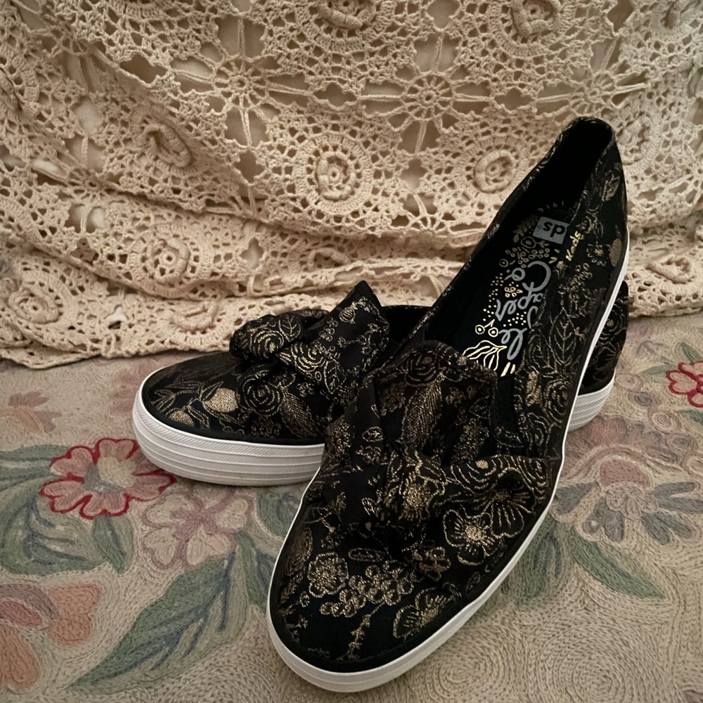 Rifle Paper Co. Black and Gold Patterned Loafers